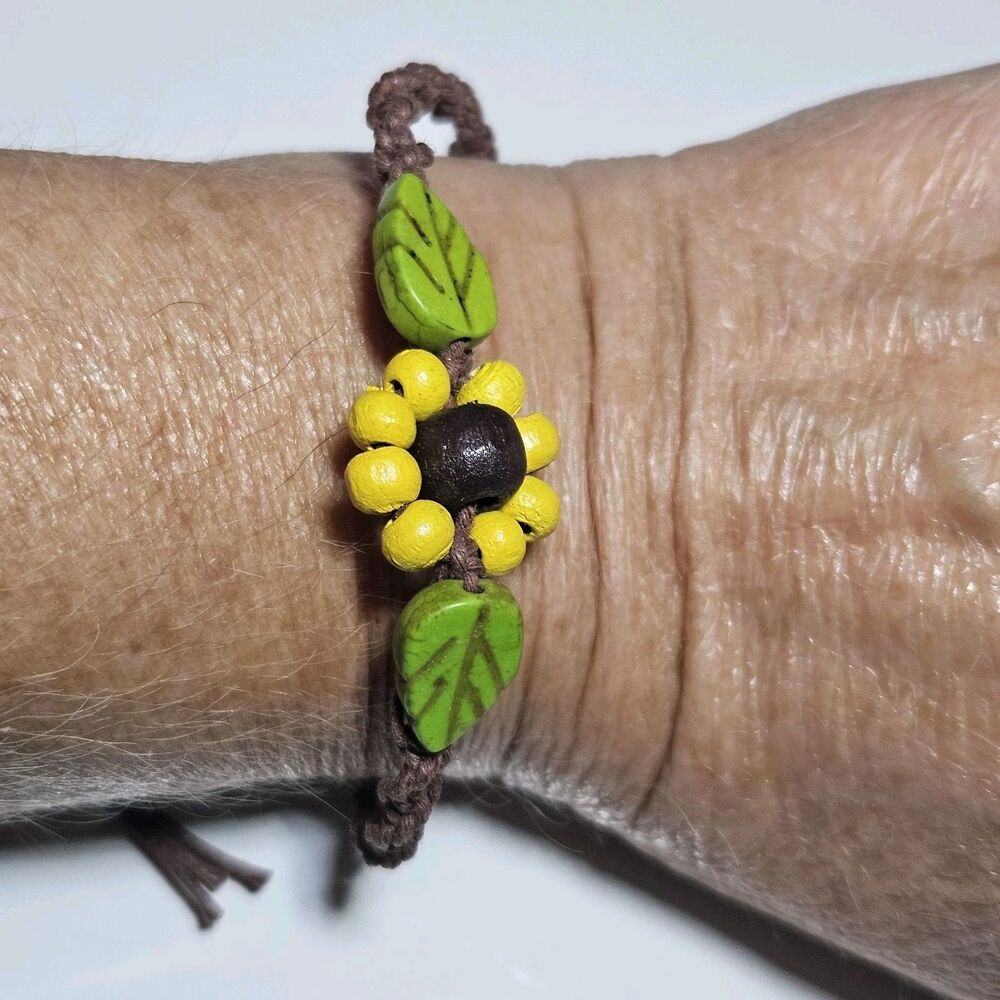 Yellow Daisy Wooden Flower Beaded Bracelet Brown Cord Adjustable